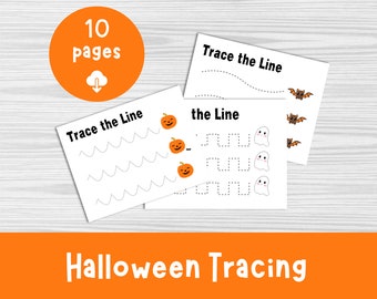 May include: Halloween tracing activity for kids with 10 pages. The pages feature tracing lines with pumpkins, ghosts, and bats.