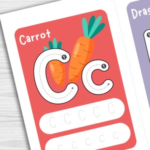May include: A printable worksheet for children to practise tracing the letter C. The worksheet features a cartoon carrot with the letter C outlined in dotted lines. The word "Carrot" is written above the letter. There are also several blank spaces for the child to practise writing the letter C.