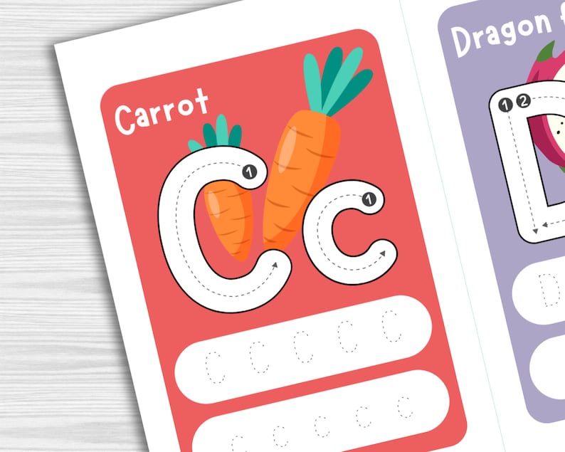 May include: A printable worksheet for children to practise tracing the letter C. The worksheet features a cartoon carrot with the letter C outlined in dotted lines. The word "Carrot" is written above the letter. There are also several blank spaces for the child to practise writing the letter C.