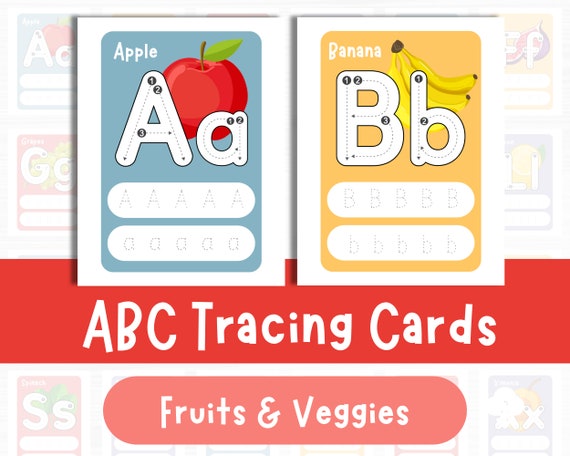 Printable ABC Tracing Cards: Fruits & Veggies Handwriting Practice (PDF)