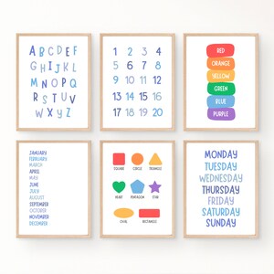Set of 6 Educational Posters, ABC Poster, Toddler Playroom Decor