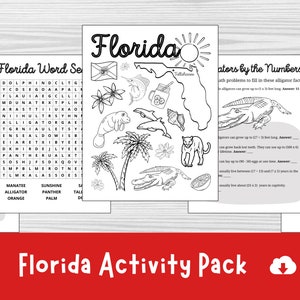 5er Set Florida Arbeitsblätter, Bundesstaat Florida zum Ausdrucken, Wortsuche, 4th Grade Arbeitsblatt