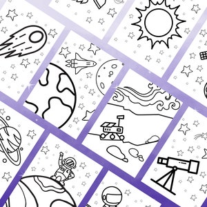May include: A set of nine black and white coloring pages featuring space-themed illustrations. The illustrations include a comet, a spaceship, a planet with rings, a rocket, a moon, a telescope, a rover, a sun, and a satellite.