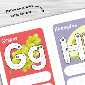 May include: A printable worksheet for children to practise tracing the letters G and H. The worksheet features a bunch of grapes next to the letter G and a slice of honeydew melon next to the letter H. The words "Grapes" and "Honeydew" are printed above the letters.