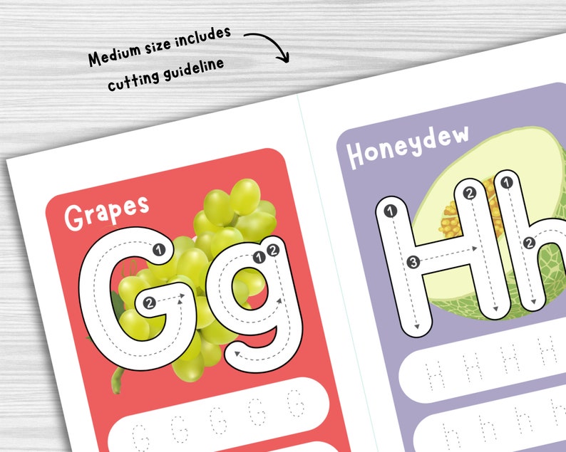 May include: A printable worksheet for children to practise tracing the letters G and H. The worksheet features a bunch of grapes next to the letter G and a slice of honeydew melon next to the letter H. The words "Grapes" and "Honeydew" are printed above the letters.