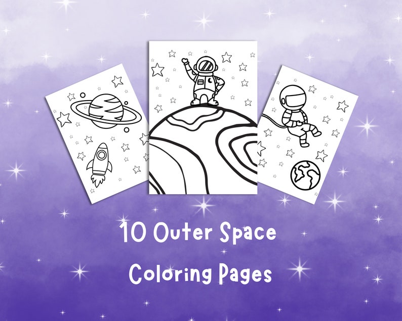 May include: Three black and white coloring pages featuring an astronaut, a rocket ship, and a planet with rings. The pages are on a purple background with white stars. The text "10 Outer Space Coloring Pages" is below the pages.