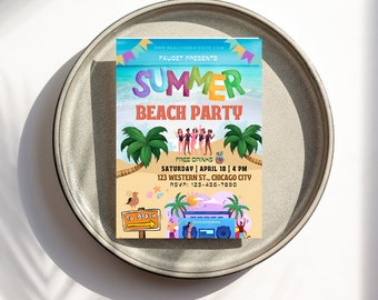 Invitación colorida a la fiesta festiva de la playa de verano / Fiesta en la playa / Invitación a la fiesta de verano / Fiesta en la piscina / invitación de verano / Invitación a la fiesta en la piscina
