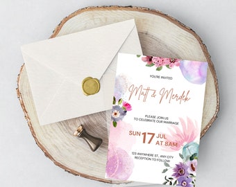 Purple flower watercolor wedding invitation card | Wedding Invitation | Canva wedding | Editable wedding invitation template | Wedding cards