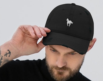 White Pony Embroidered Distressed Dad Hat | Alt Clothing | Gothic Clothing | Alternative Clothing | Emo Clothing