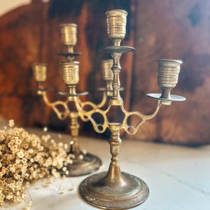 Vintage Brass Candlestick Pair: Barley Twist Triple Holder