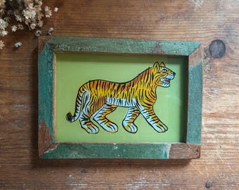 Vintage indisk tigermålning, omvänd glaskonst