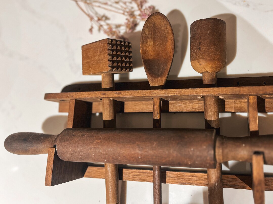 Vintage French Wooden Utensils With Wooden Holder, Vintage Kitchen Rack ...