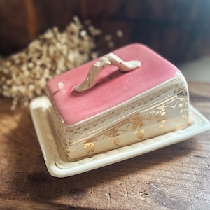 Vintage Stoneware Cheese Dish: Pink & Gold Kitchenalia