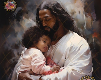 3 Black Jesus Hugging Little Child Prints, Dark Skin Jesus Prints, Christian Artwork, African American Jesus Prints, Black Christian Artwork