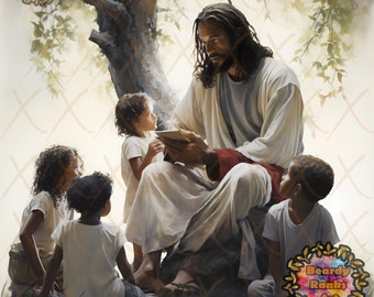 Black Jesus Teaching Kids, Religious Wall Decor, Christian Artwork, African American Jesus, Black Christian Art, Afrocentric Artwork