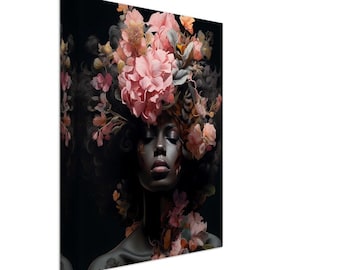 African American Flower Head Woman, Black Girl Flower Head Canvas Art, African Flower Head Woman, Melanin Flower Head Girl Canvas Art