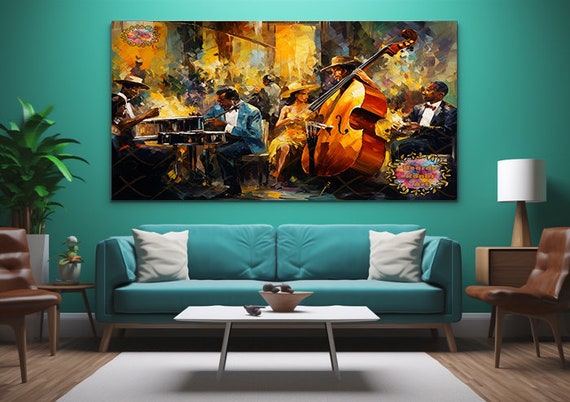 Pittura con musica jazz, arte da parete jazz, arte da parete con musica,  stampa con pittura a olio, arte musicale africana, poster su tela da parete,  decorazione per soggiorno e camera da