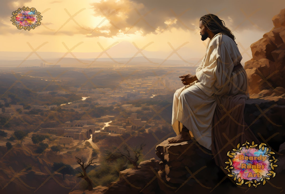 5 Black Jesus Prints Overlooking Ancient Jerusalem, Brown Jesus Wall