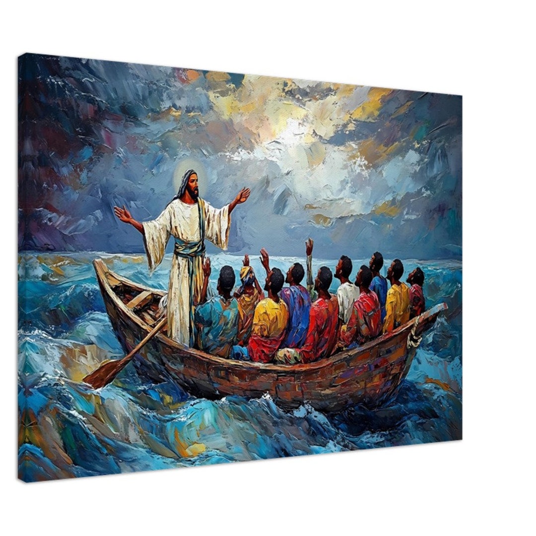 Black Jesus Calms the Storm Canvas Wall Art, Brown Skin Jesus Wall Art ...