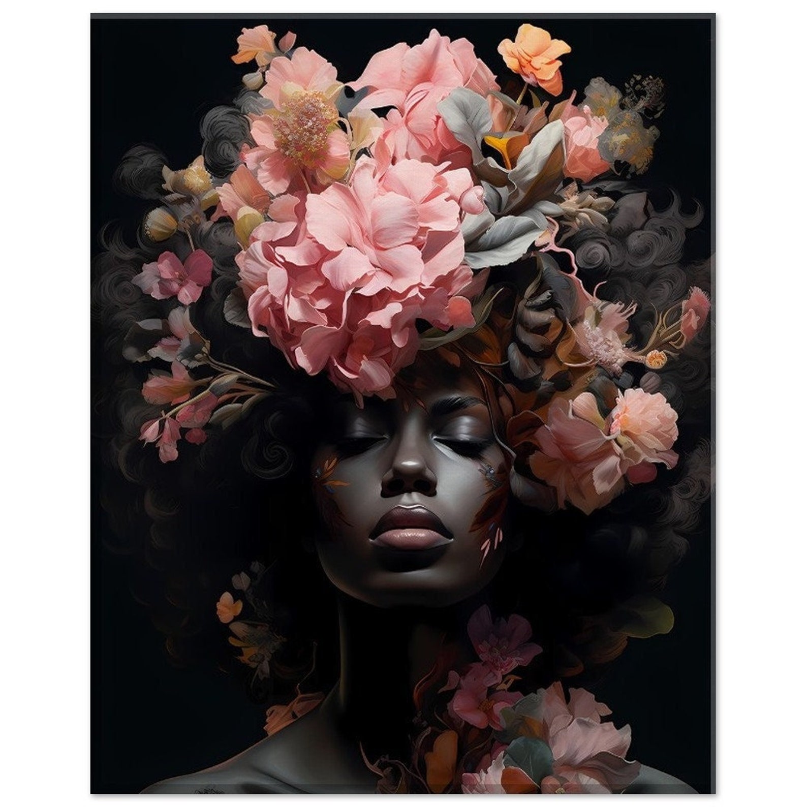 African American Flower Head Woman, Black Girl Flower Head Canvas Art