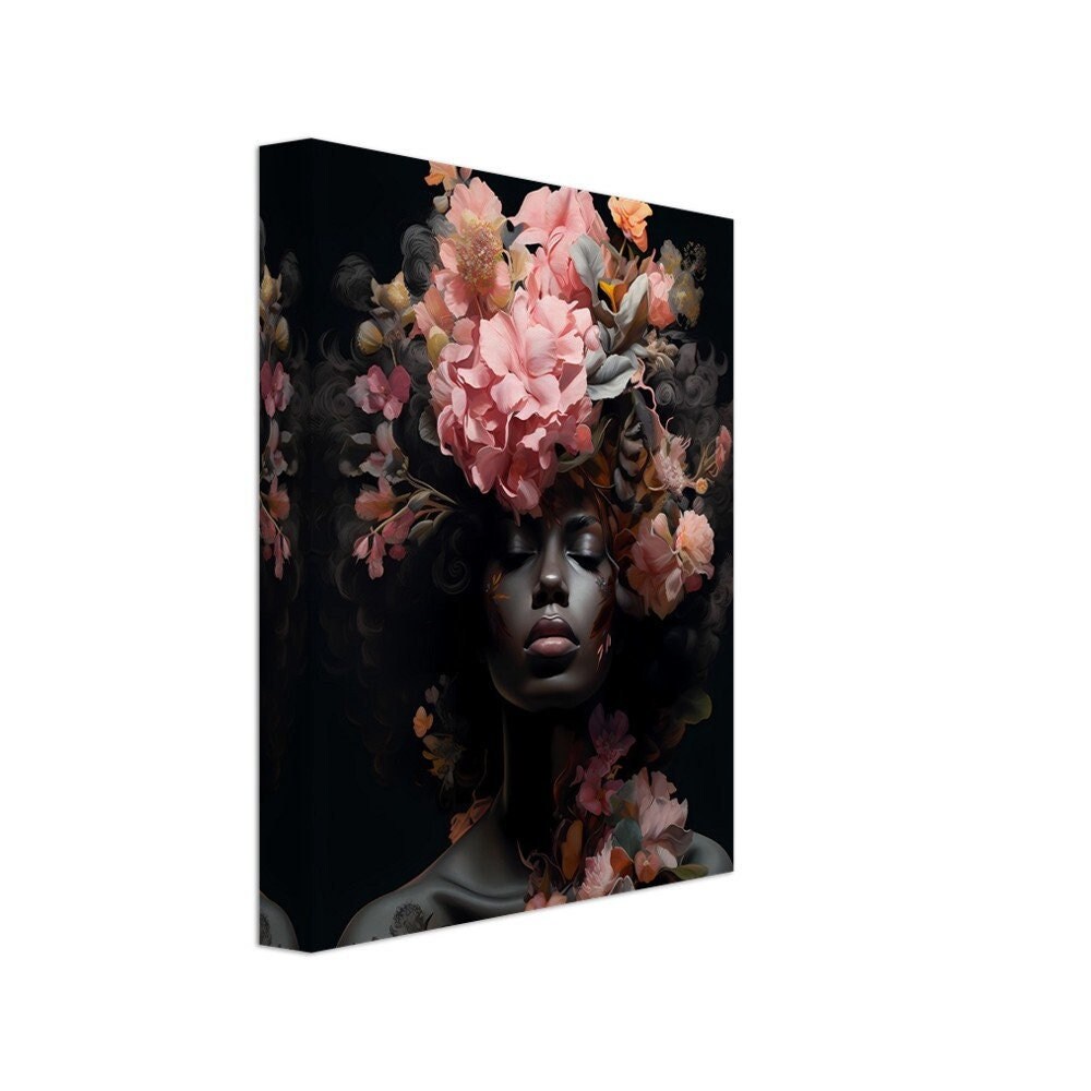 African American Flower Head Woman, Black Girl Flower Head Canvas Art