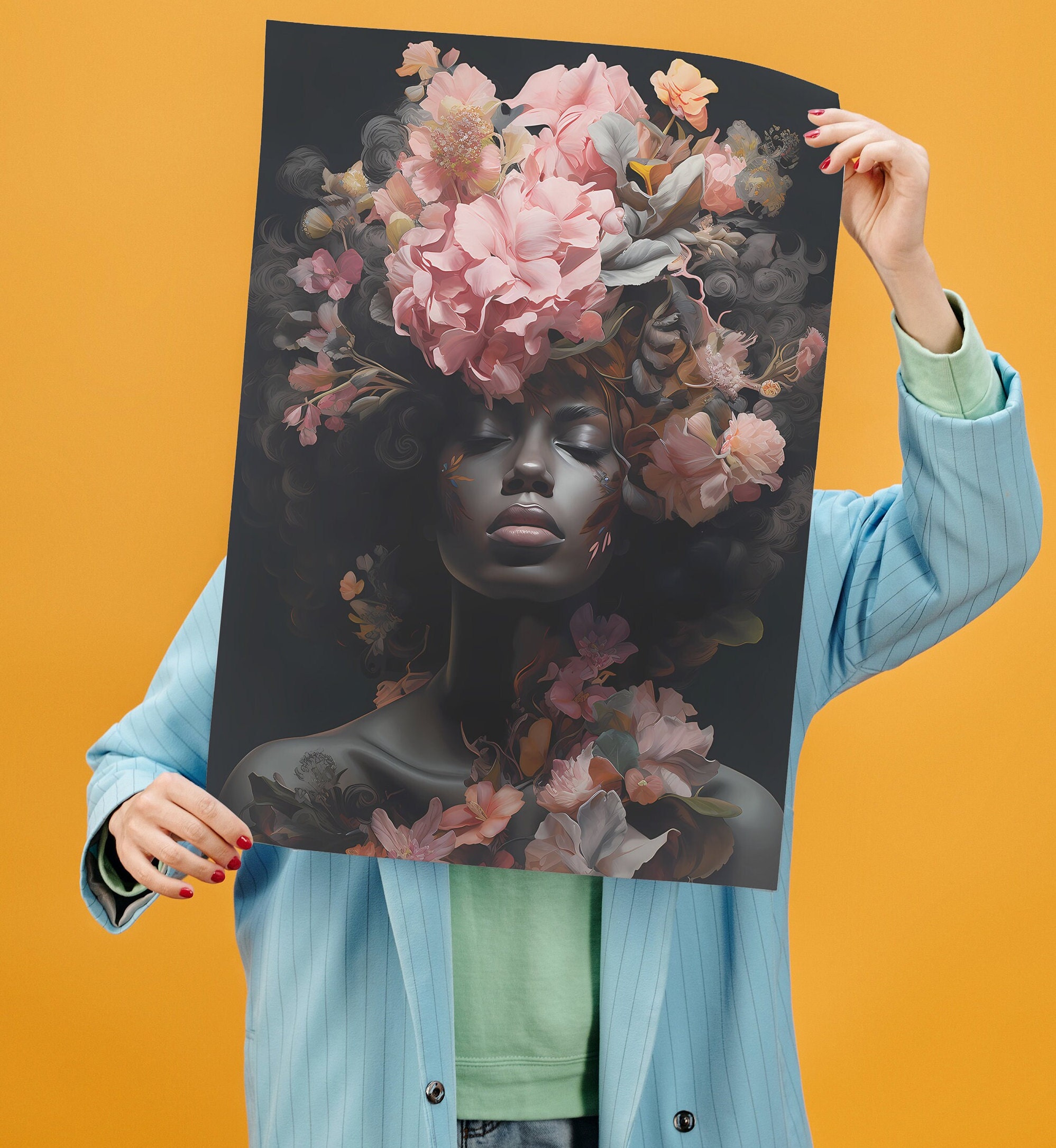 African American Flower Head Woman, Black Girl Flower Head Canvas Art