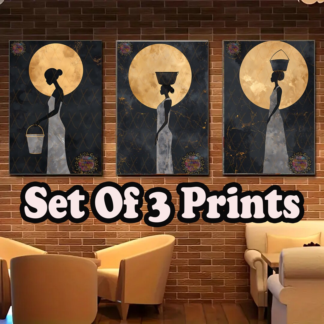 Set of 3 Elegant African Art Prints, Gold Accented African Woman Wall