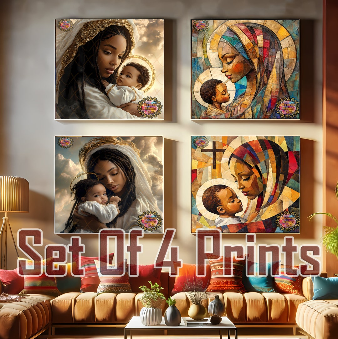 Set of 4 African American Mother Mary and Child Art Prints, Afrocentric ...