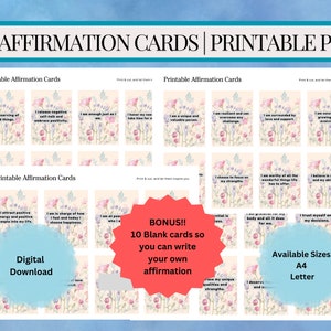 Cartões de afirmação com inspiração floral - 30 cartões de amor próprio para impressão + 10 cartões em branco bônus | Download digital | Tamanhos A4 e Carta