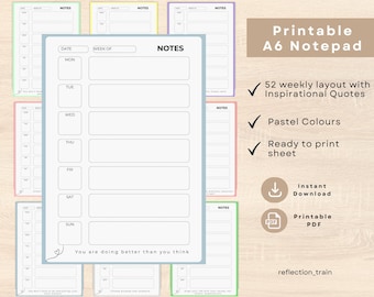A6 Printable Notepad | Weekly Note Pad with Motivation Quotes | Pastel & Grey Color |Digital Download