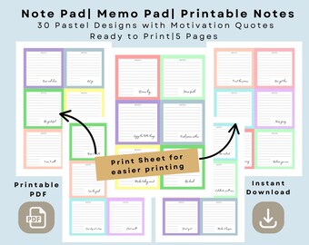 Printable Note Pad | Memo Pad | 30 Pastel Designs with Motivation Quotes | 3.5x3.5 inches