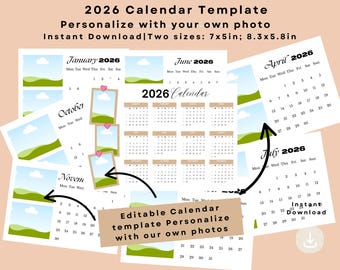 Plantilla de calendario de escritorio con foto 2026: editable en Canva (descarga instantánea)