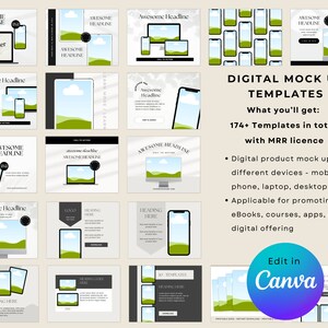 May include: A collection of digital mock-up templates for various devices, including phones, laptops, and desktops. The image showcases multiple layouts with the text "Awesome Headline" and "my planner". The text "Edit in Canva" is also visible.