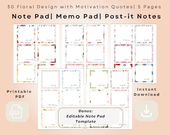 Bloc de notas motivacional floral: 30 diseños con citas inspiradoras / PDF imprimible / 8,9 x 8,9 cm