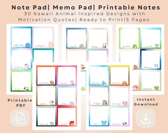 Bloc de notas de animales kawaii: 30 diseños con frases motivadoras / 8,9 x 8,9 cm / Descargar PDF