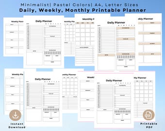 Páginas de planificador diario, semanal y mensual en tonos pastel / PDF imprimible / Descarga digital
