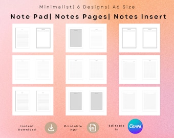 Plantilla de bloc de notas minimalista A6: 6 diseños personalizables en Canva (PDF)