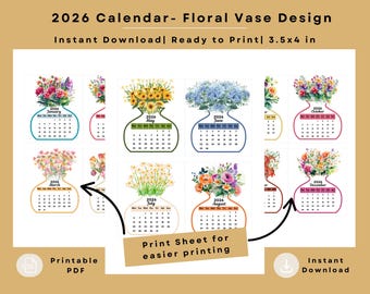 Calendario de escritorio con diseño de florero floral 2026: Mini calendario de caballete imprimible (8,9 x 10 cm) (descarga instantánea)