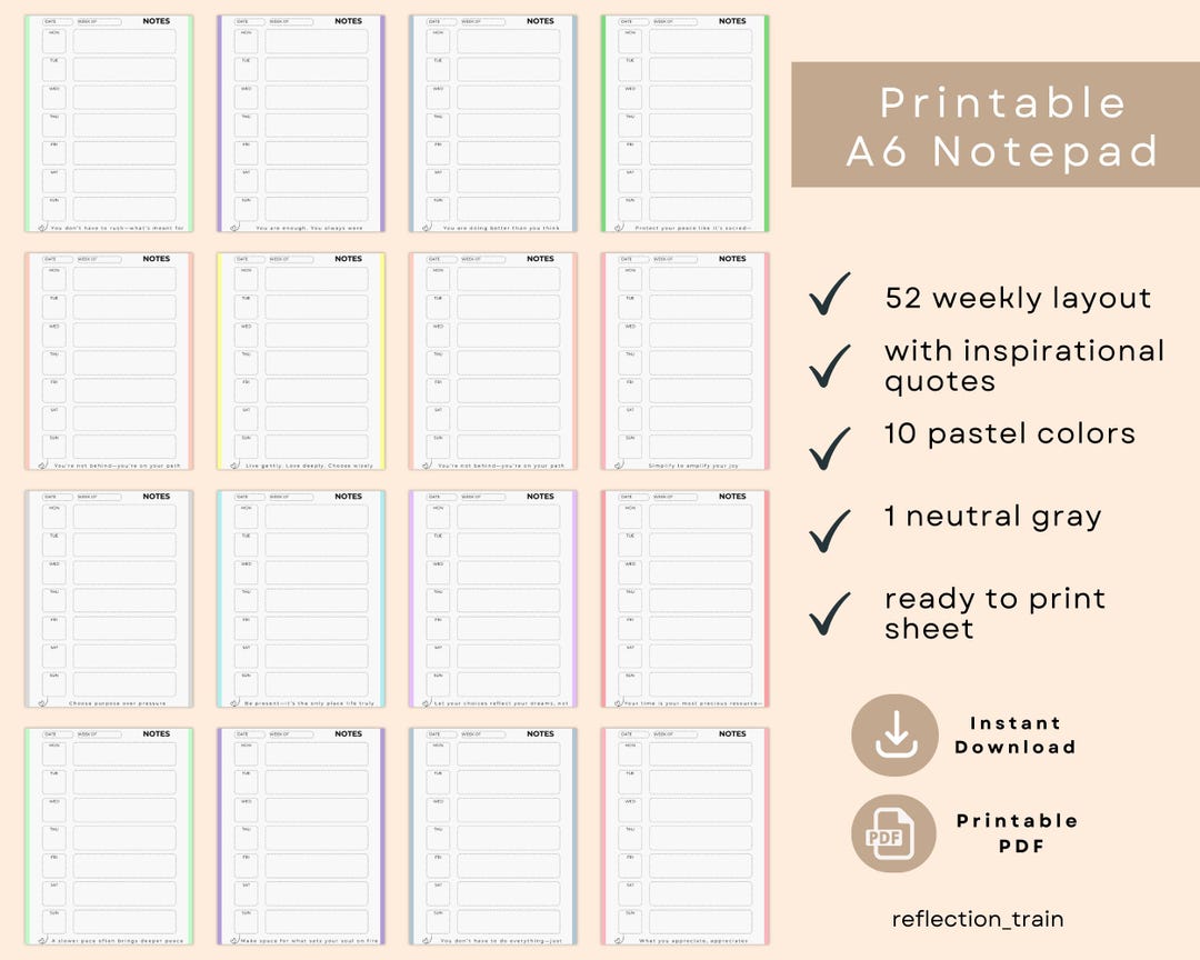 Printable A6 Weekly Notepad | 52 Weeks With Motivational Quotes ...