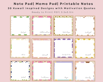 Bloc de notas kawaii: 30 diseños con frases motivacionales / PDF imprimible / 8,9 x 8,9 cm / Descarga instantánea