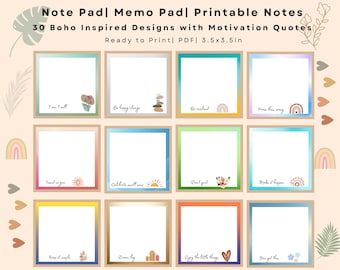 Bloc de notas imprimible: 30 diseños boho con frases motivadoras / PDF / 8,9 x 8,9 cm / Descarga inmediata