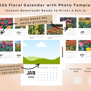 2026 Floral Desk Calendar – Printable Easel Calendar with Editable Canva Template | Aesthetic Flower Calendar | Instant Download| 3.5 x 4 in