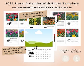 Calendario de escritorio floral 2026: minicalendario de caballete imprimible con plantilla de Canva