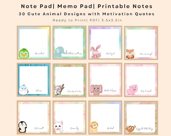 Bloc de notas imprimible/Bloc de notas/Notas pequeñas/Bloc de notas motivacionales/30 diseños de animales adorables con frases motivadoras/Bloc de notas de 8,9 x 8,9 cm
