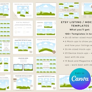 Puede incluir: Una colección de más de 100 plantillas de maquetas de listados de Etsy con una colina verde cubierta de hierba y un cielo azul con nubes blancas. Las plantillas están dimensionadas para papel A4 y US Letter, así como para dispositivos, libros y revistas. Editar en Canva.