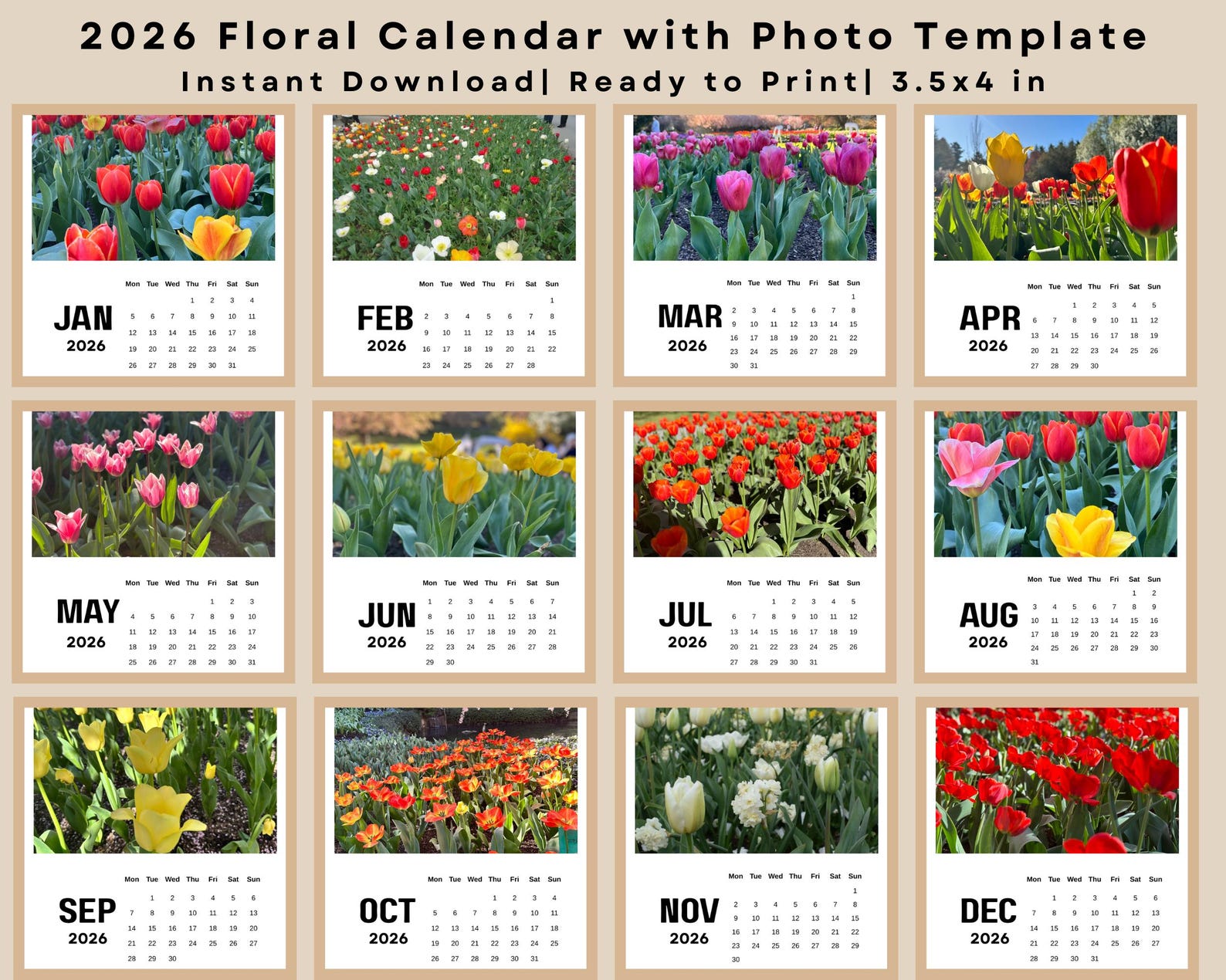 2026 Floral Desk Calendar – Printable Mini Easel Calendar With Canva ...