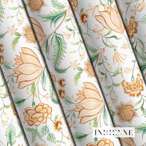May include: Rolled wallpaper featuring a repeating floral pattern. The design includes large, stylized flowers in shades of gold and orange, with green leaves and delicate vines, set against a white background. The wallpaper has a classic, elegant aesthetic.