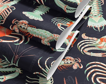 Crustacea Wallpaper: Nautical Sea Creatures, Charcoal Black (Peel and Stick Option)