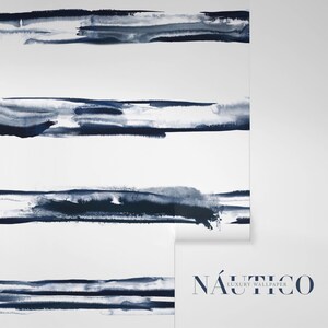 May include: A white and blue watercolor stripe wallpaper pattern with the text "NAUTICO LUXURY WALLPAPER" in the bottom right corner.