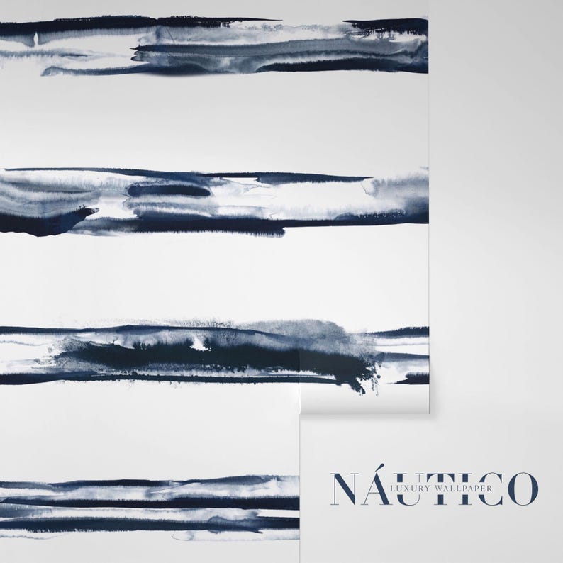 May include: A white and blue watercolor stripe wallpaper pattern with the text "NAUTICO LUXURY WALLPAPER" in the bottom right corner.